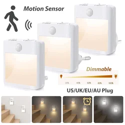 Luces nocturnas con Sensor de movimiento, blanca cálida luz ambiental, LED regulable con enchufe de EE. UU., UE, Reino Unido, AU, 2 en 1, dormitorio, sala de estar, inodoro, escaleras