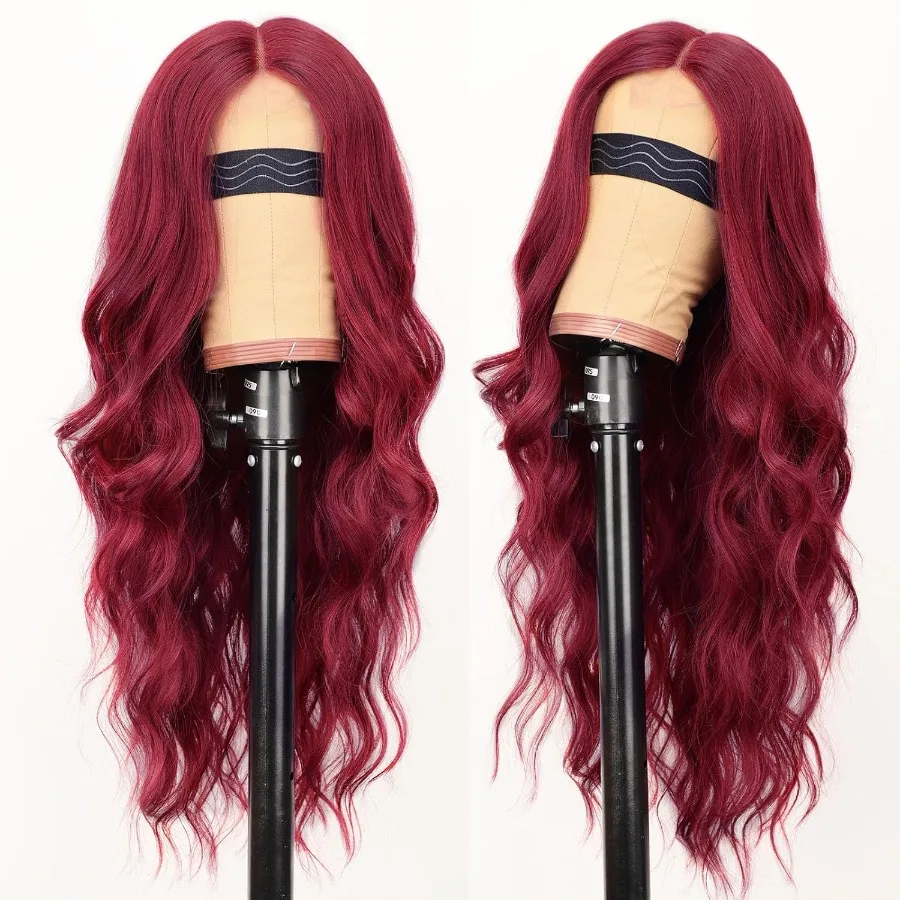 Peluca sintética resistente al calor con rayita de encaje largo y ondulado de color rojo brillante para mujer con parte media, ideal para uso diario y eventos de fiesta