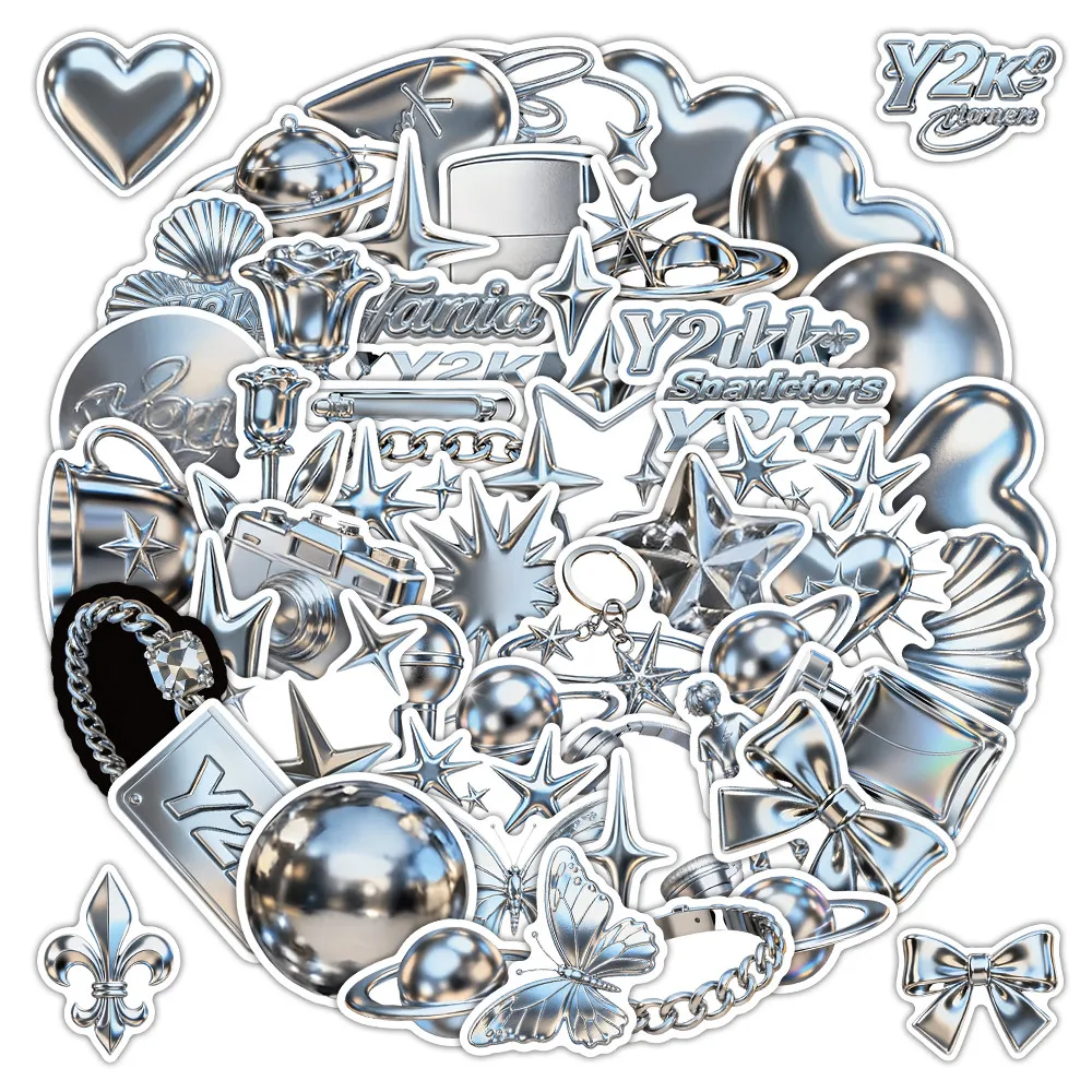 58 Pcs Y2K Trendy 3D Metallic Stickers - Stylish Decals for Journal & Creative DIY Craft Embellishment Giajar Sticker Store