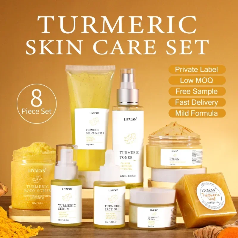 8pcs Turmeric Skin Care Set Face Brighten Fade Dark Spot Freckle Acne Scar Removal Lighten Melanin Facial Repairing Clean Beauty