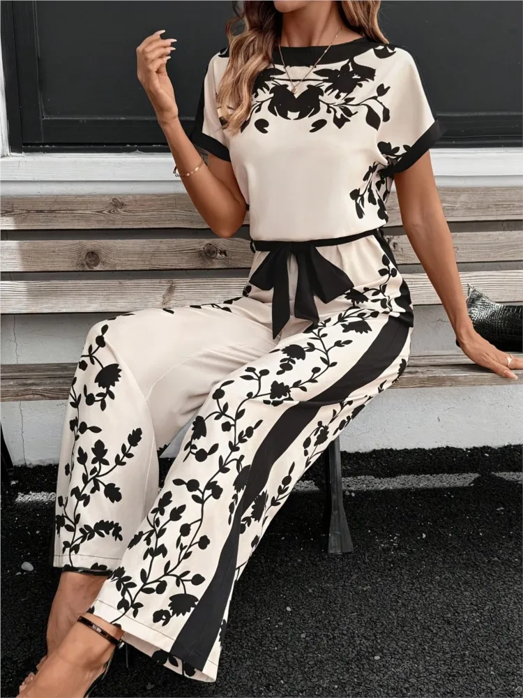 بذلة نسائية صيفية جديدة أنيقة مطبوعة كتلة الألوان الخصر الدانتيل متابعة س الرقبة قصيرة الأكمام بذلة سيدة عطلة حفلة بذلة