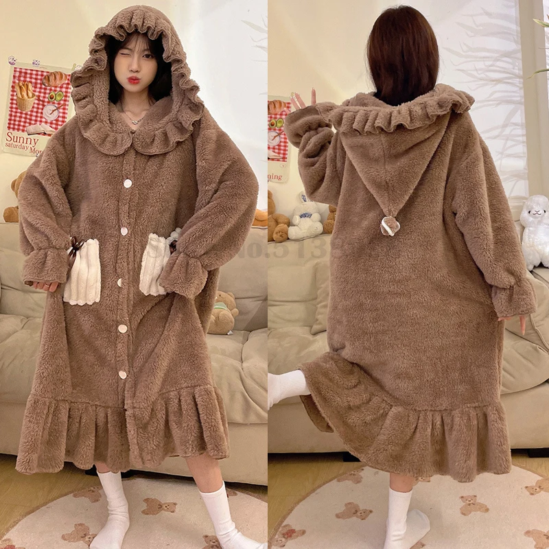 

Women's Ruffled Nightgown Flannel Sleepwear Bathrobes Loose Warm Nightwear Casual Sweet Cute Home Clothes Chemise Nightdress