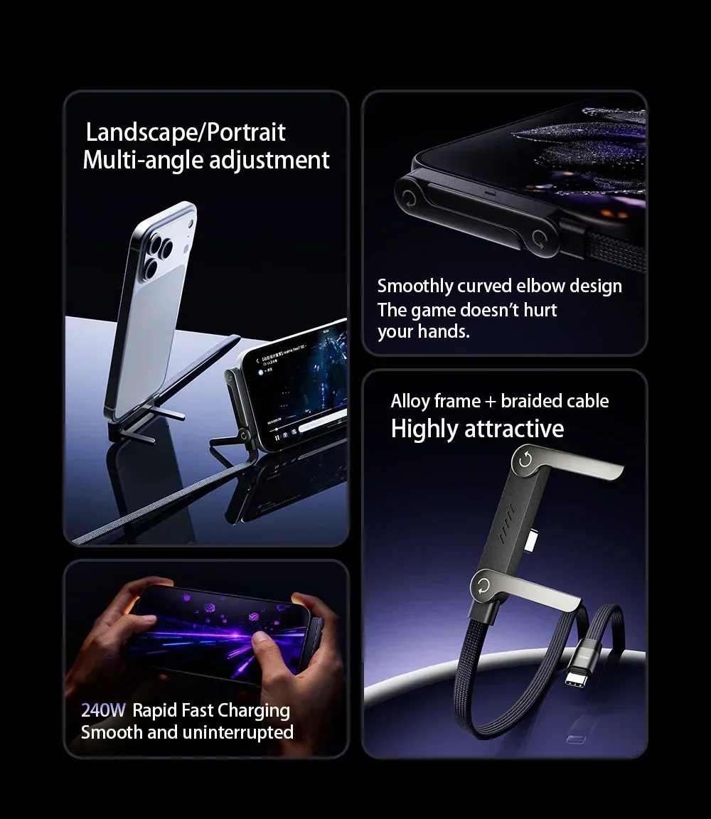 3/1 Stück Faltbares Ladekabel mit integriertem Ständer, Schnellladekabel für Telefon und Tablet, 240W Ultra-Schnelles Datenkabel, Telefonhalter – Detail 2