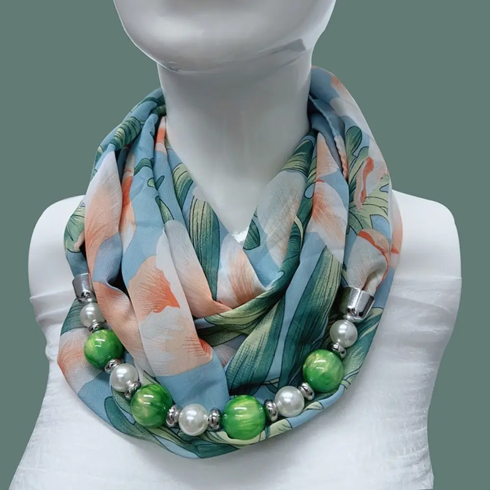 Chiffon Material Chiffon Scarf Classic Sun Protection Pearl Bead Chain Neck Scarf Windproof Beach Scarf Women's