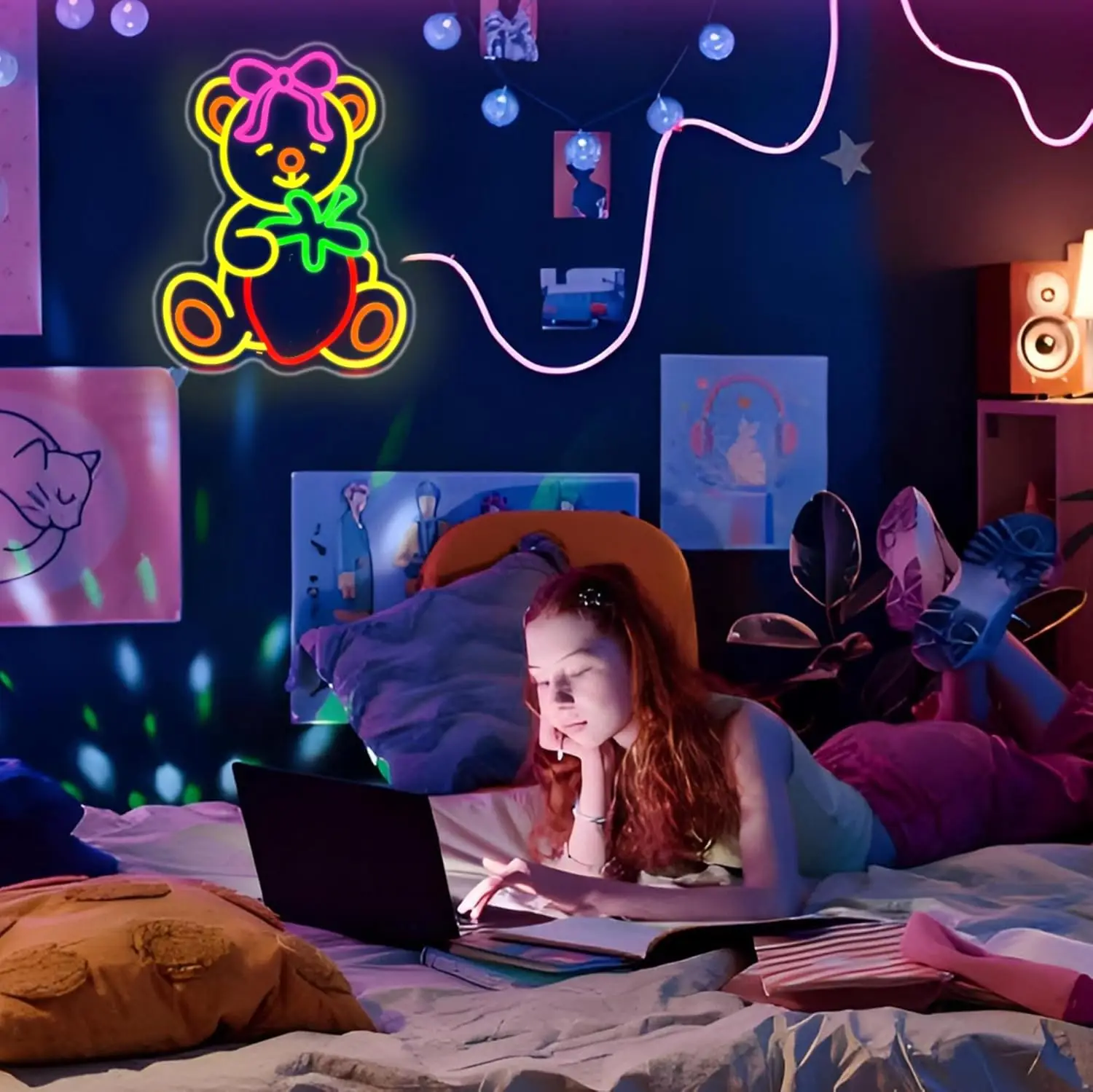 Strawberry Bear Neon Sign for Wall Decor, USB Powered LED Neon Lights for Bedroom, Bar, Cafe, Shop Advertising & Gift