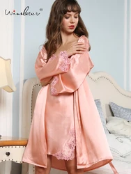 Winsleter, 19MM 100%Real Silk Elegant Night-robe, Women Sexy Long Sleeve Lace, French Casual Pajamas Robe, Fall Winter P40336CC
