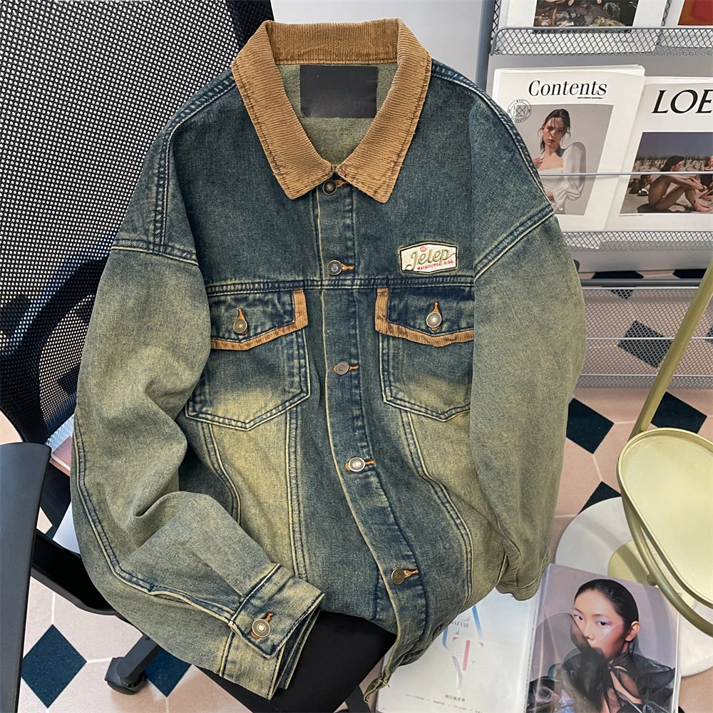 American High Street Retro Blue Denim Coat Long Sleeve Single Breasted Jacket Tops Fall Winter Loose Turn Down Collar Outerwear