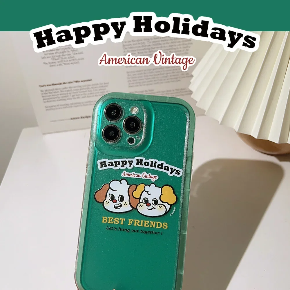 Green Vintage puppy dog brother friends art Cartoon Phone Case For iPhone 14 13 12 11 Pro Max 14 Plus Case Cute Soft Clear Cover