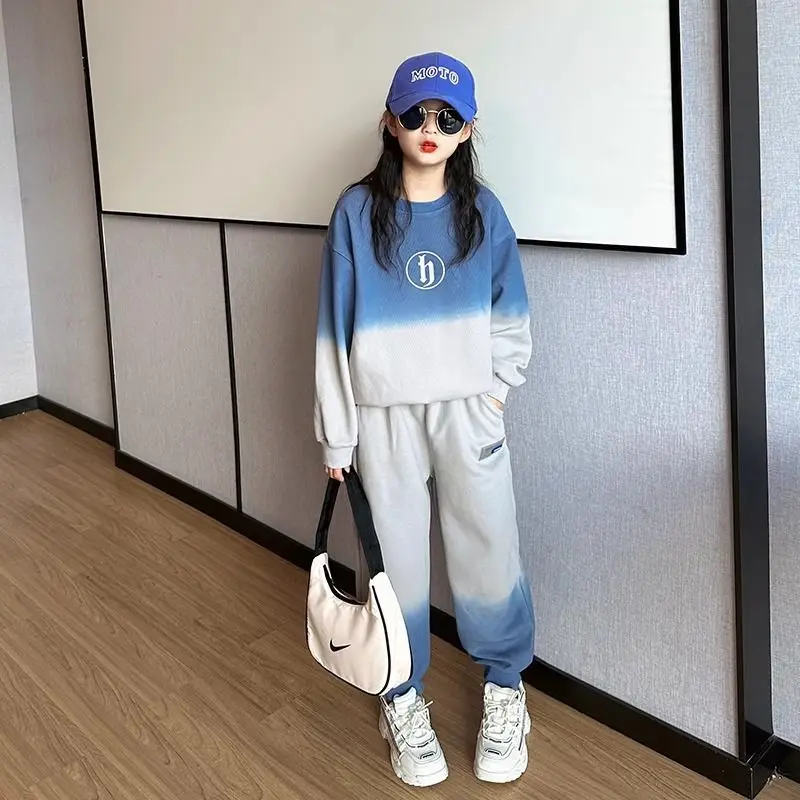 Girls Autumn Winter Loose Gradient  Patchwork Color Sweatshirts+Pants 2pcs Suits 6-14 Years Teenage Kids Casual Clothes Sets