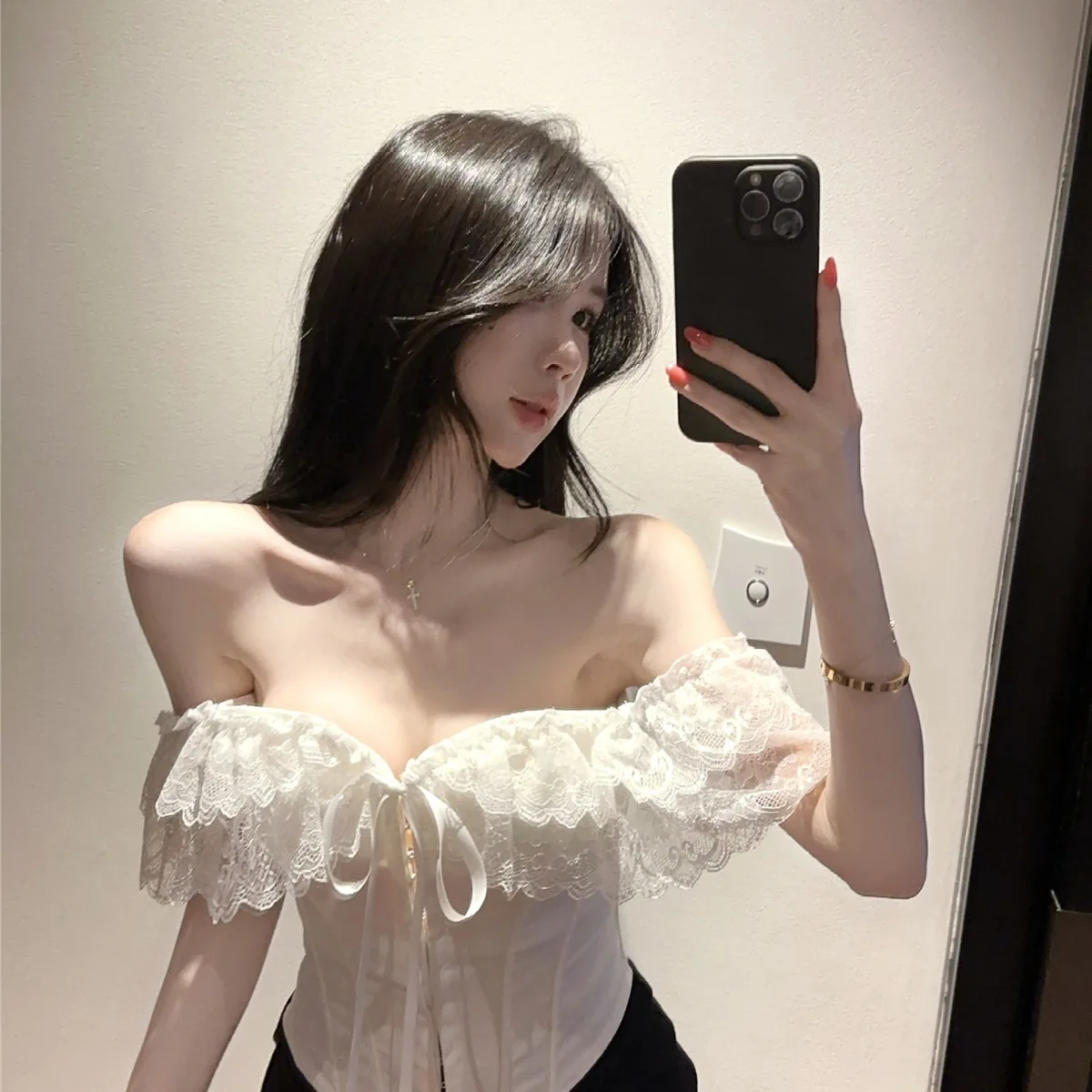 

Elegant Lace Trim Camisole Tank Top Women's Inner Wear Pure Desire One Shoulder Tube Top Summer New Style Fashionable