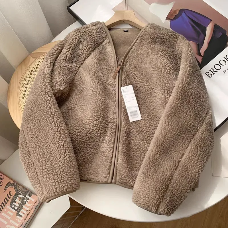 Vrouwen Nieuwe Zachte Shearling V-hals Rits Fleece Korte Jas Herfst Winterjassen voor Vrouwen Luxe Merk Lange mouwen Top kleding