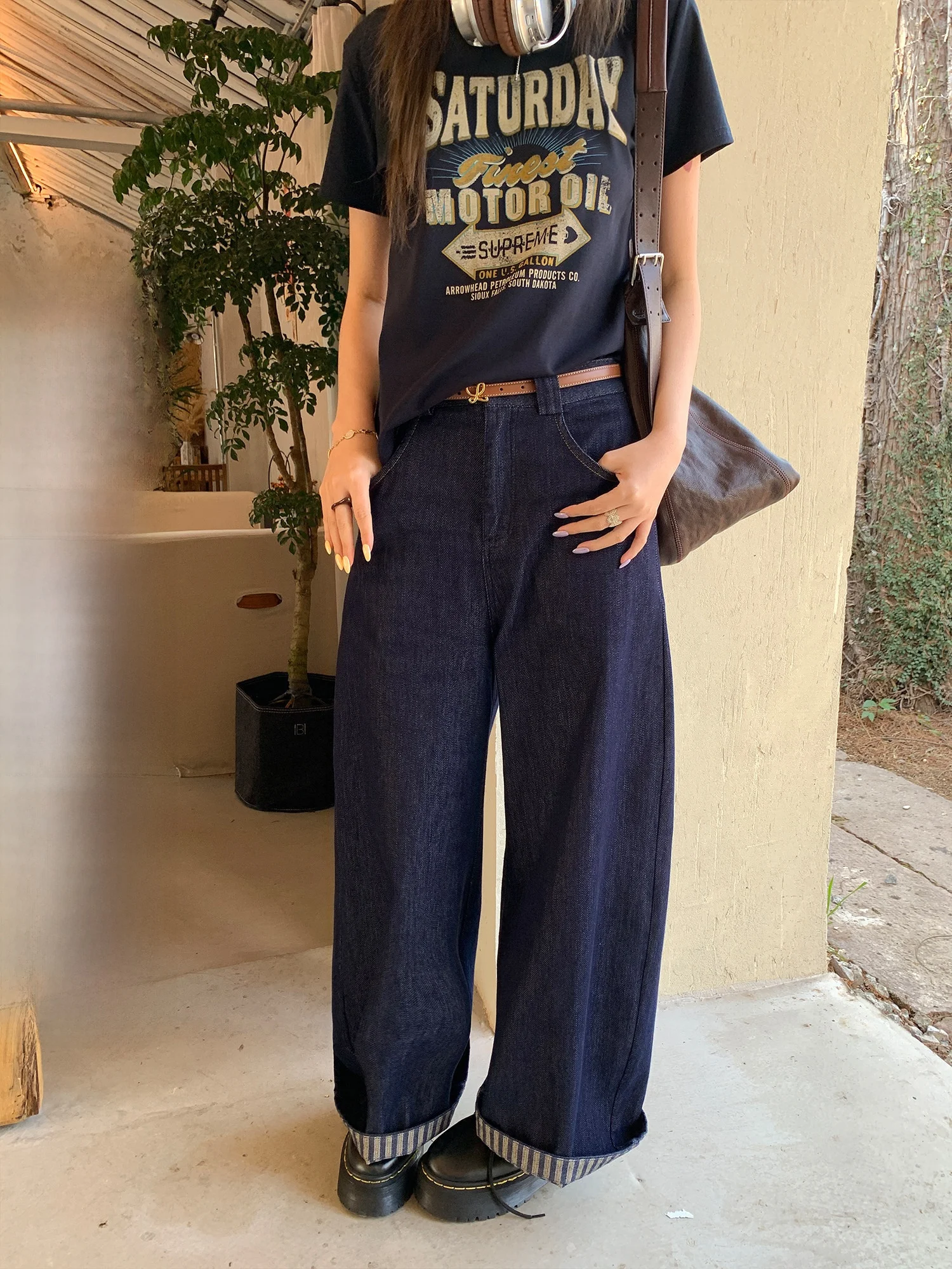 

Джинсы прямого кроя с высокой талией, оригинального цвета, весенние, повседневные, в американском стиле, женские, широкие брюки с отворотами