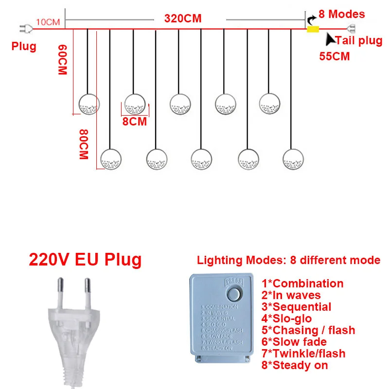 LED Santa Claus Wish Ball Curtain String Lights EU Plug 8 Modes Christmas Garland Fairy Lights for Party Wedding Bedroom Decor