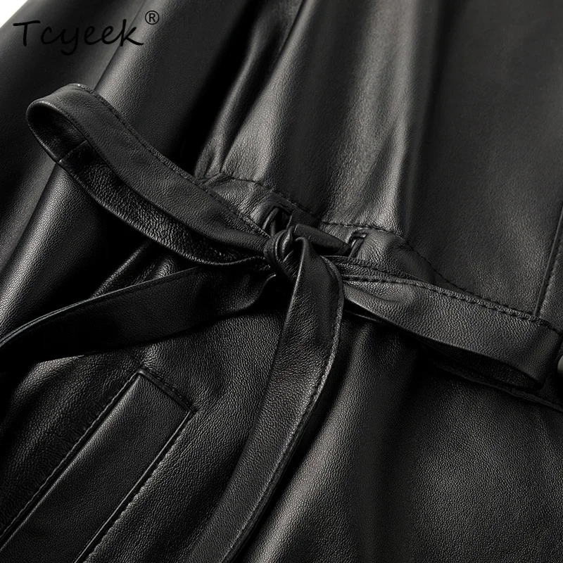 Tcyeek Sheepskin Spring Autumn High End Square Neck Black Medium Length Women's Genuine Leather Jacket Женская Кожаная Куртка