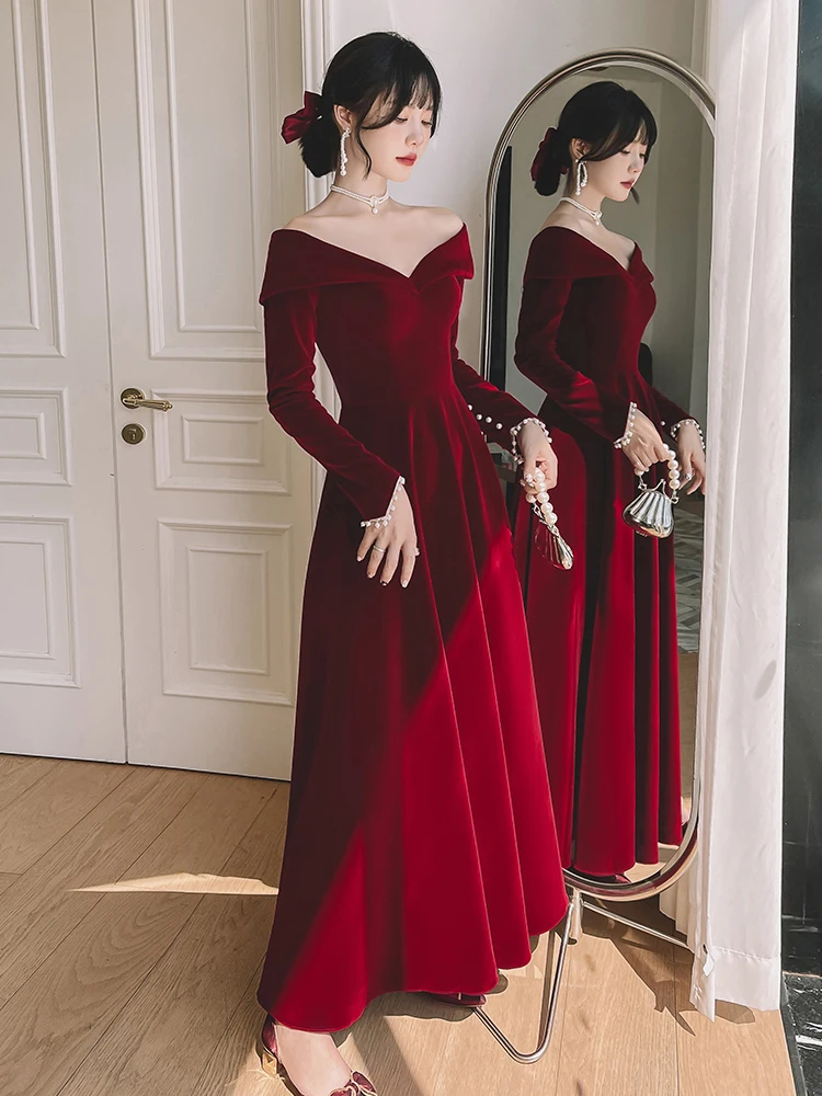 

Корейское вечернее платье Red Velvet с длинным рукавом на одно плечо, роскошное свадебное платье с завышенной талией, облегающее, для особых случаев