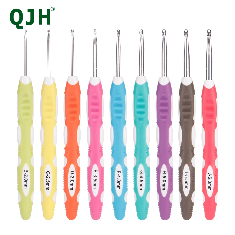 QJH Crochet Hook Set 9 Pieces - Ergonomic Crocheting Hooks - Easy Grip Colour Coded Kit - Beginner Delicate Crochet Hook Set