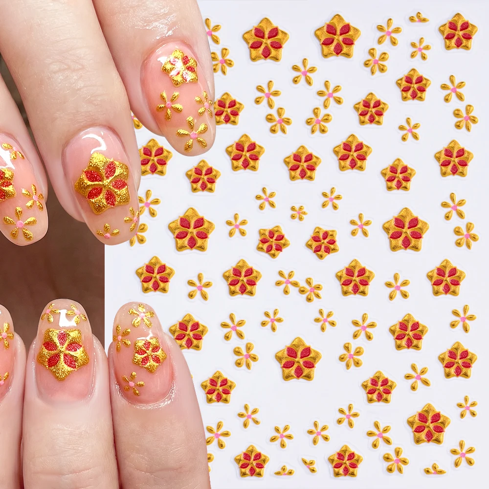 1 stücke Gold Fünf-blütenblatt Blume Nagel Aufkleber 3D Metall Glitter Blüte Fünfzackigen Stern Geformt Nagel abziehbilder DIY Herbst Nagel Dekor