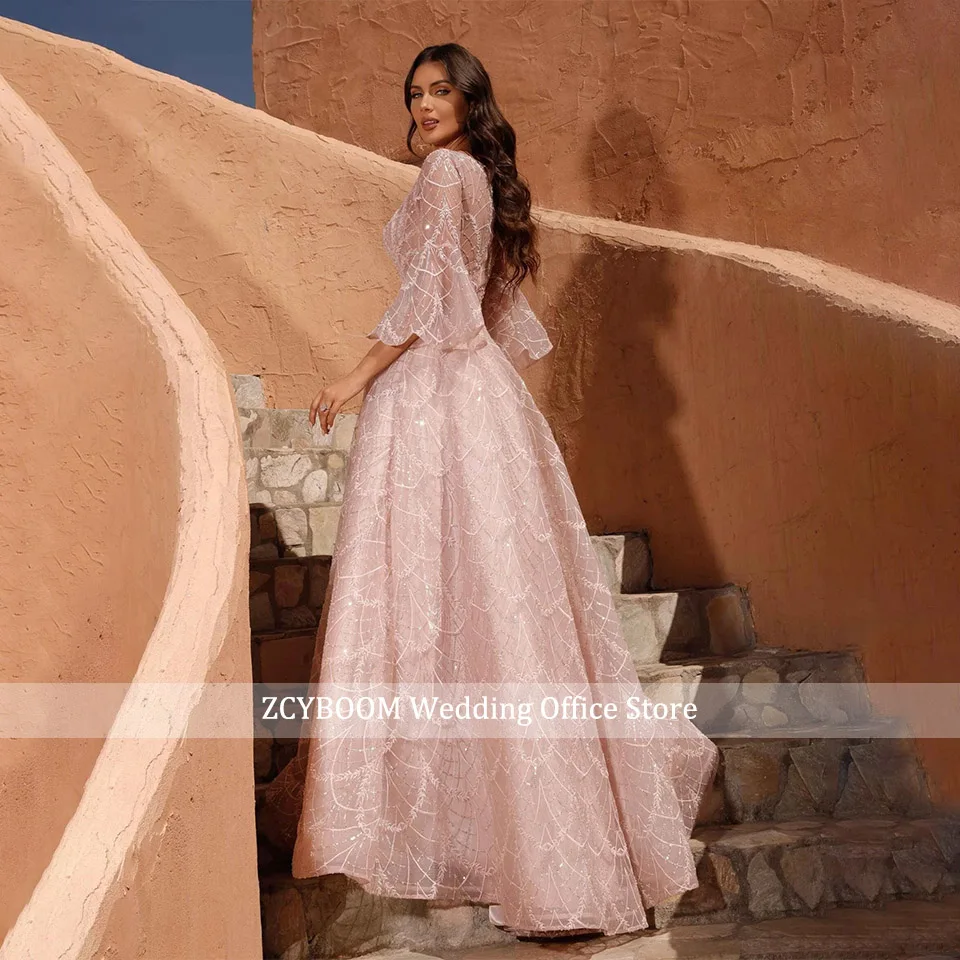 Elegant Pink Half Flare Sleeves A-Line Formal Evening Dresses 2023 Embroidery O-Neck Wedding Party Floor Length Party Prom Gowns