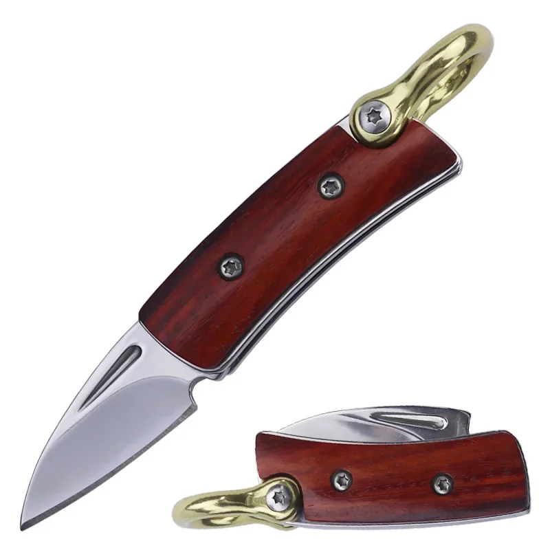 D2 Steel Sharp Blade Folding Knife Sandalwood Handle Outdoor Travel Portable Mini Pocket Keychain Tiny Knife  Camping Survival