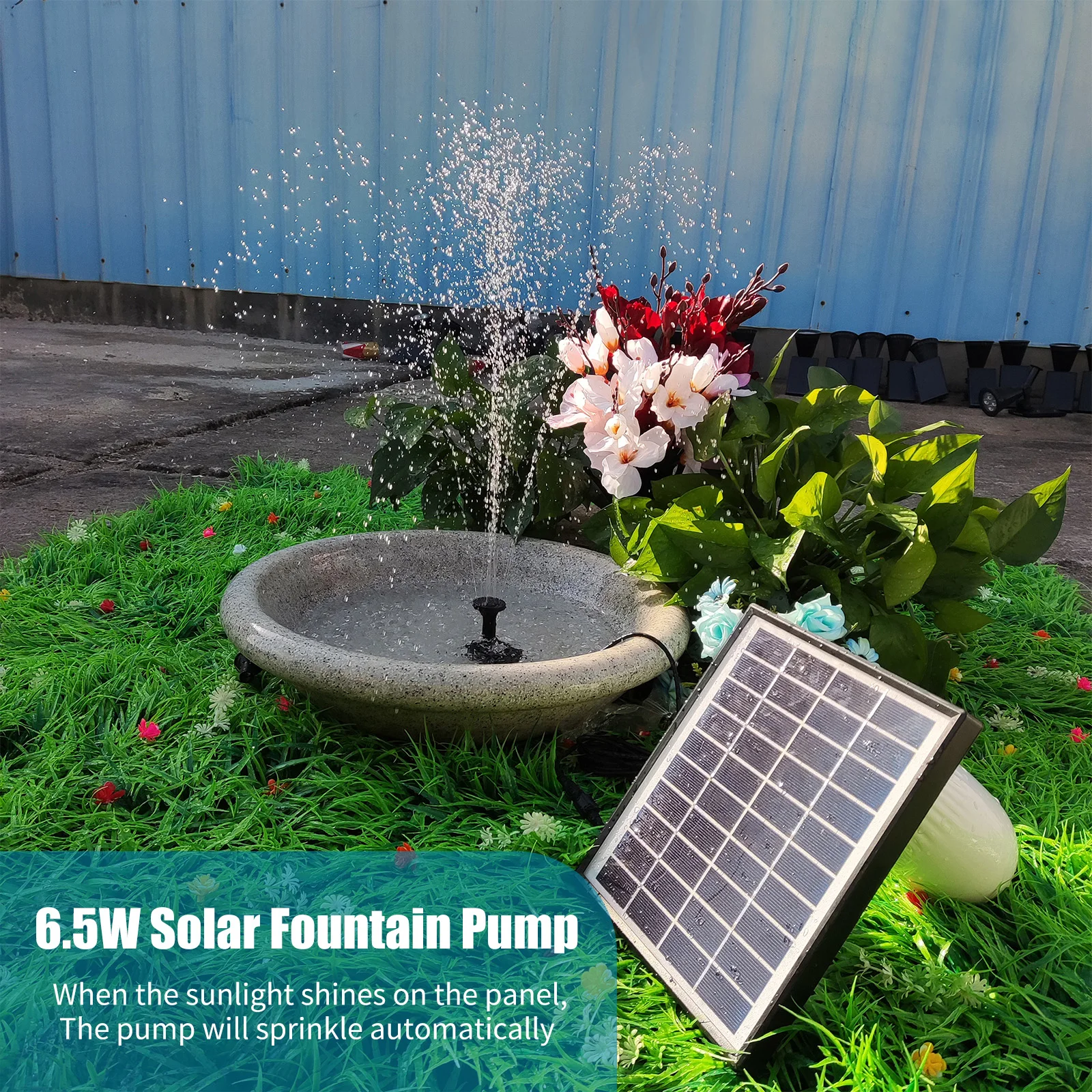 6.5W Solar Fountain Pump 200L/H Flow Rate Small Pond Pump DC Brushless Solar Powered Fountain Pump with 8 Nozzles 6 Modes for