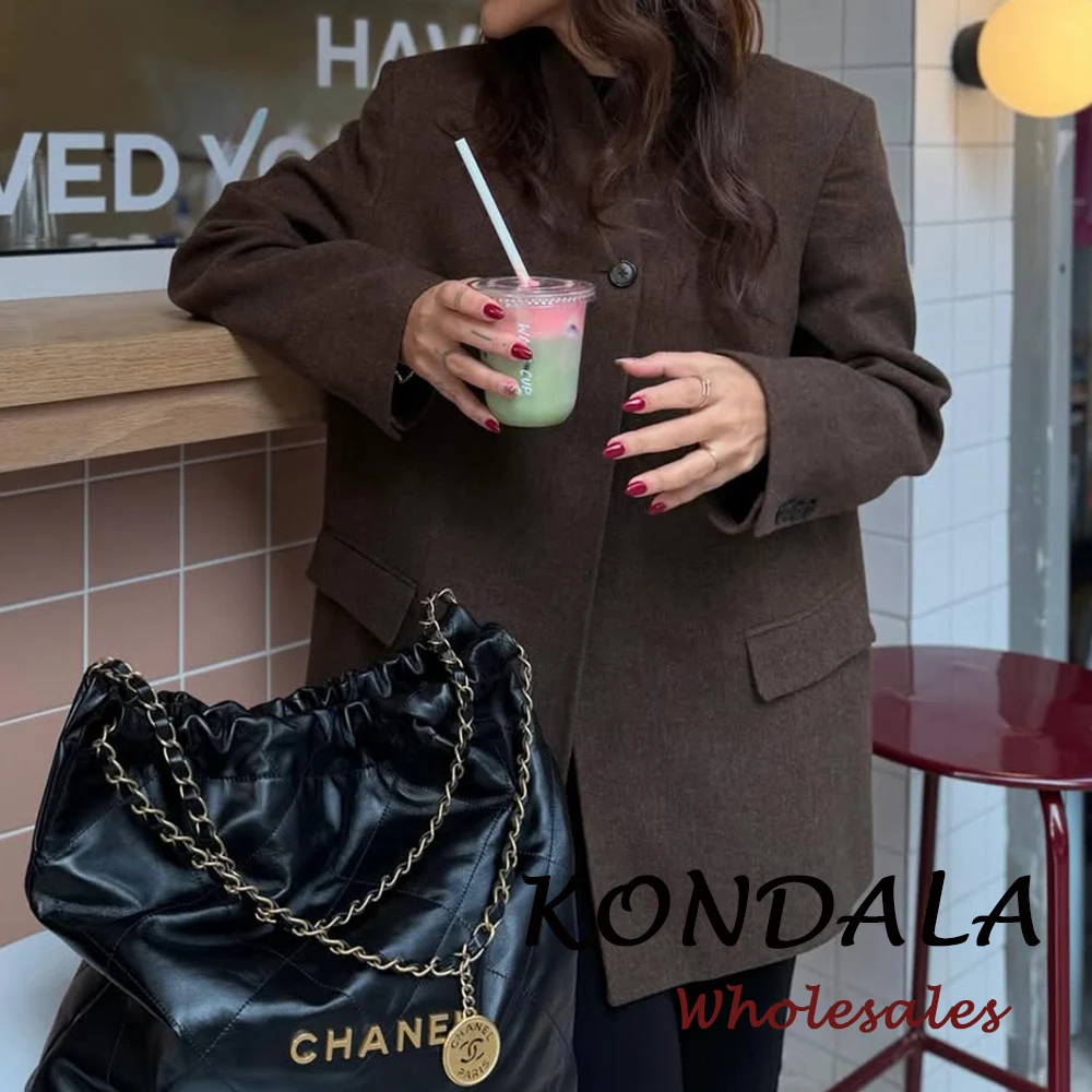 

KONDALA Vintage Khaki 2025 Office Lady Women Blazers Single Button Loose Coats Chic Herringbone Streetwear Female Elegant Jacket