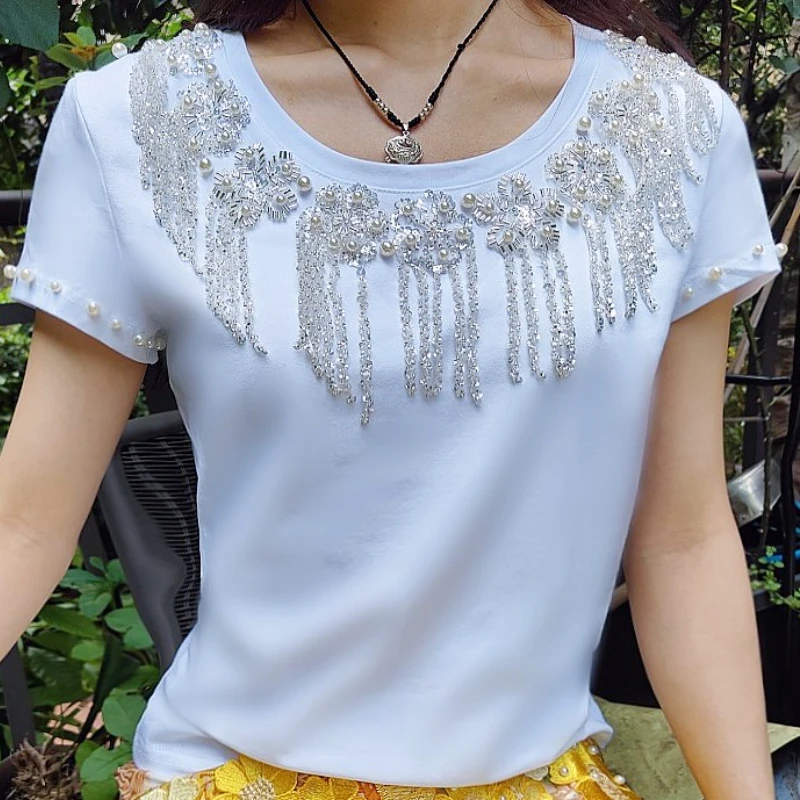 Luxury Retro Handmade Diamonds Beaded Sequins Flowers Petals Tassels Cotton T-shirts Rhinestones Tees Crystal Jumpers Crop Tops