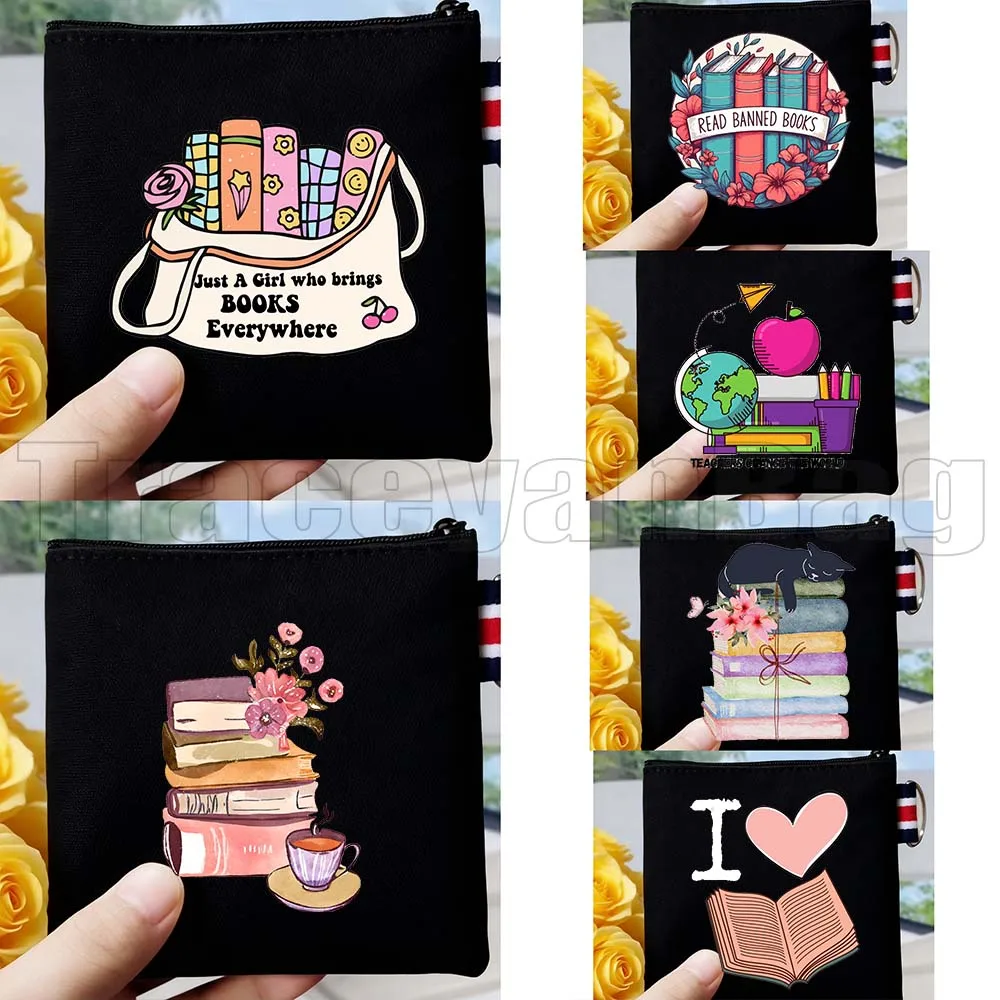 

Эстетичный кошелек-ключница с цветочным принтом и цитатами о чтении, в виде стопки книг, кофейных цветов и сердца, подарок для девушек и женщин, сумка-кошелек, мешочек