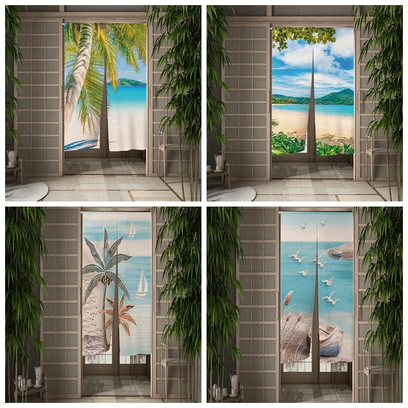 

Beach Sea Palm Trees Partition Kitchen Cafe Door Curtains Scenery 3d Printing Bathroom Half Curtains Home Decoration Customizabl