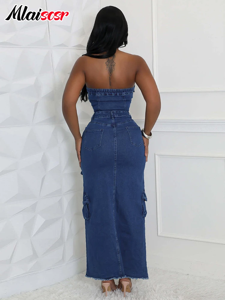 Mlaiscsr Off Shoulder Button 3D Pocket Blue Denim Dress Women Strapless Sleeveless High Spliced Jean Cargo Dresses Birthday Club