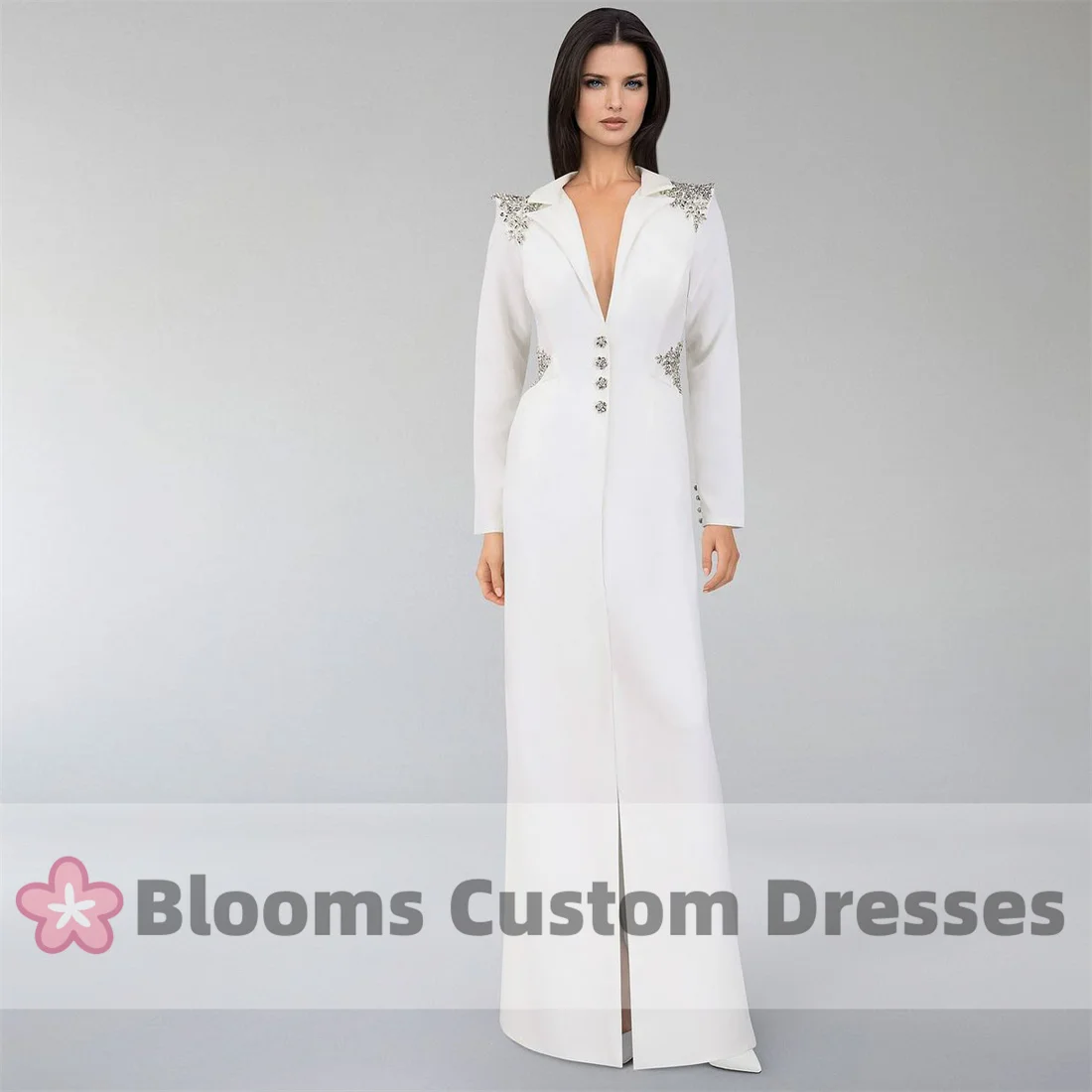 Blooms Customized Deep V-Neck Buttons Shiny Sequin Crystal Evening Dresses Crepe Long Sleeves Prom Dress Wedding Party Gown