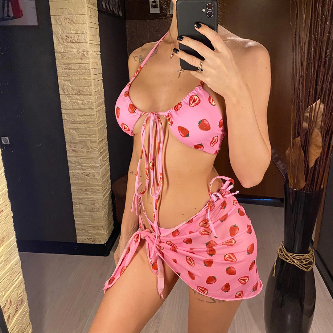 Neu mit Sarong-Print, Neckholder-Bikini, Damen-Badeanzug, dreiteiliges Bikini-Set, Badebekleidung, Badeanzug, Damen-Bikini V4156 – Detail 5