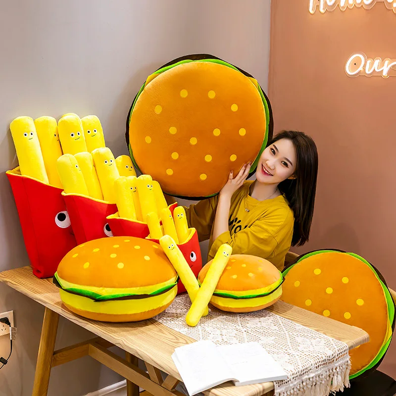 

Food Plush Pillow Stuffed Pizza Hamburger French Fries Bag Hot Dog Biscuit Milk Tea Boba Popcorn Soft Funny Decoration Gift