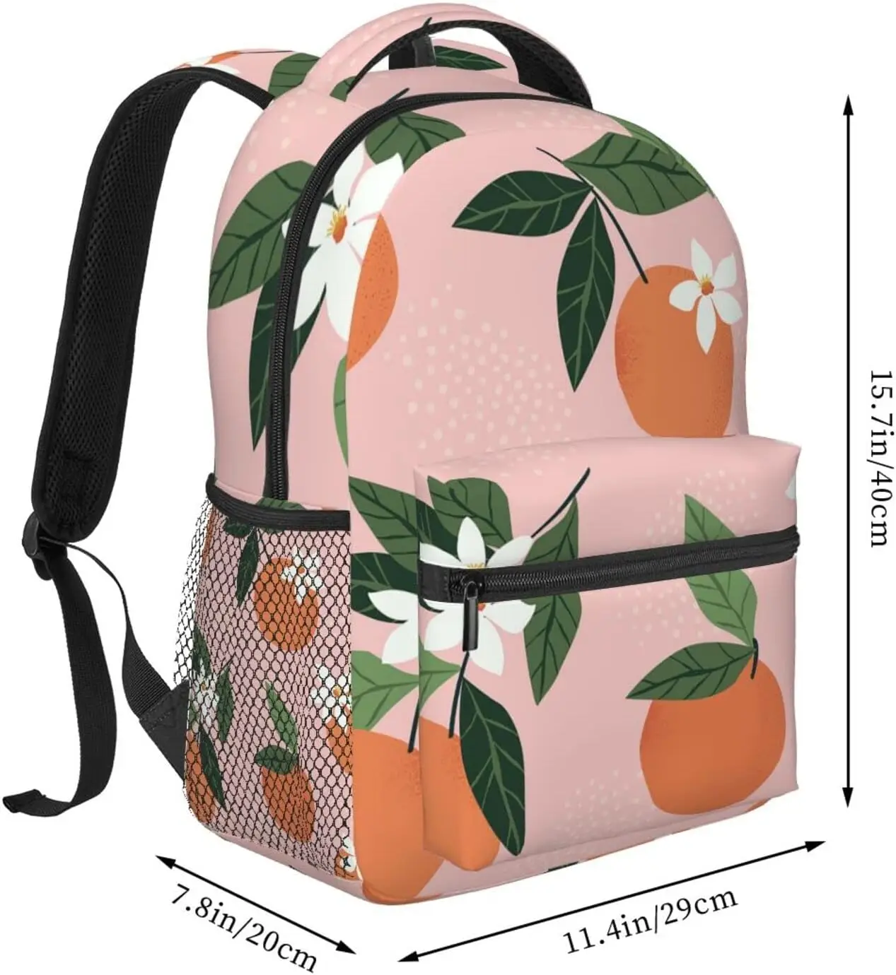 Tropical Oranges Floral Fruits On Pink Leaf Stylish Casual Backpack Laptop Backpacks Pockets Computer Daypack For Work Business