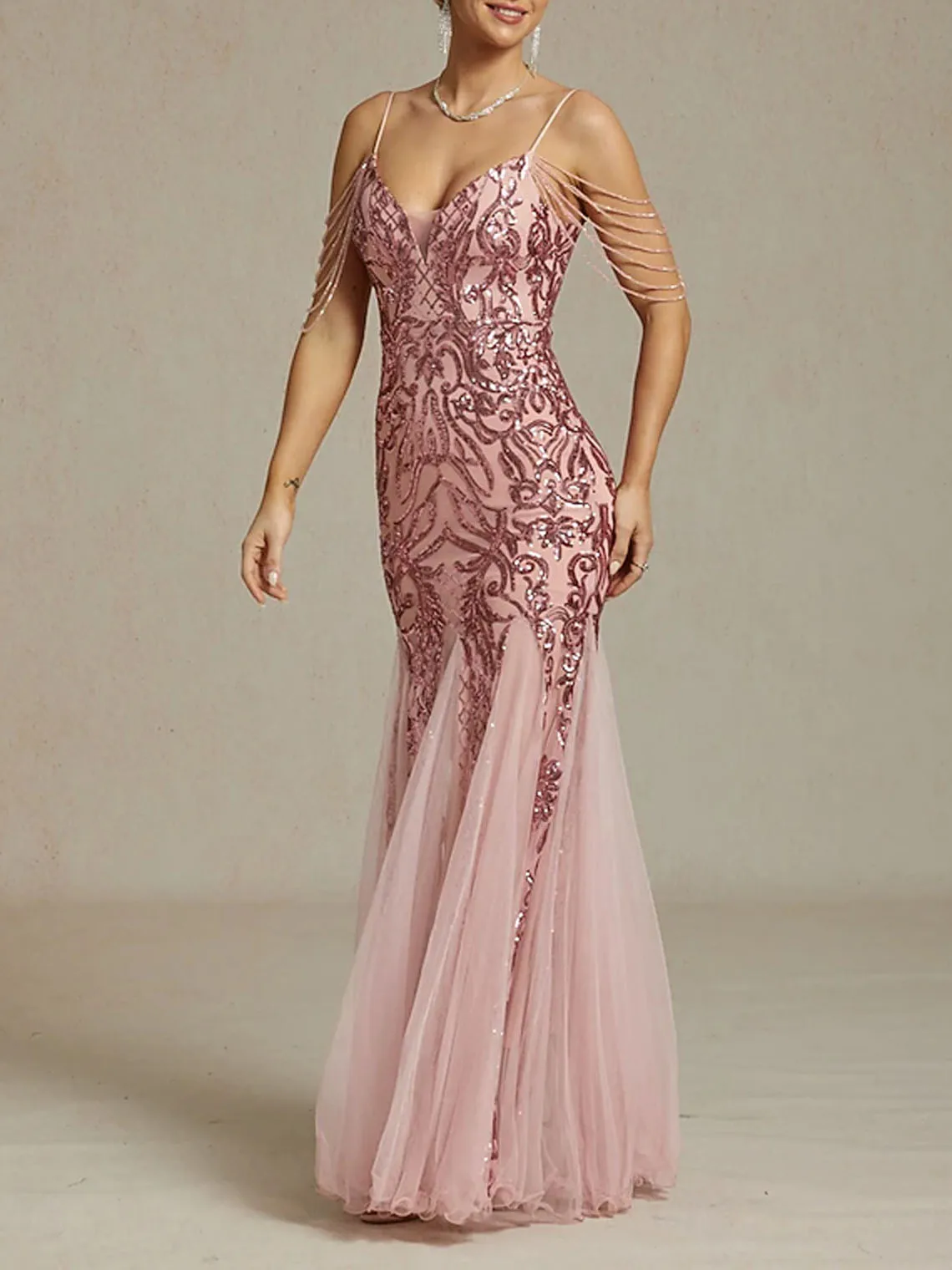 

Модное роскошное вечернее платье русалки с блестками и кисточками на тонких бретельках без рукавов из тюля длиной до пола, платье для выпускного вечера 2025 года, бесплатно по индивидуальному заказу