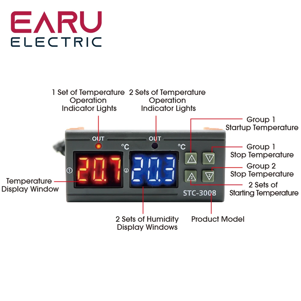 STC-3008 duplo controlador de temperatura digital dois saída relé dc12v dc 24v ac220v termorregulador termostato com aquecedor térmico