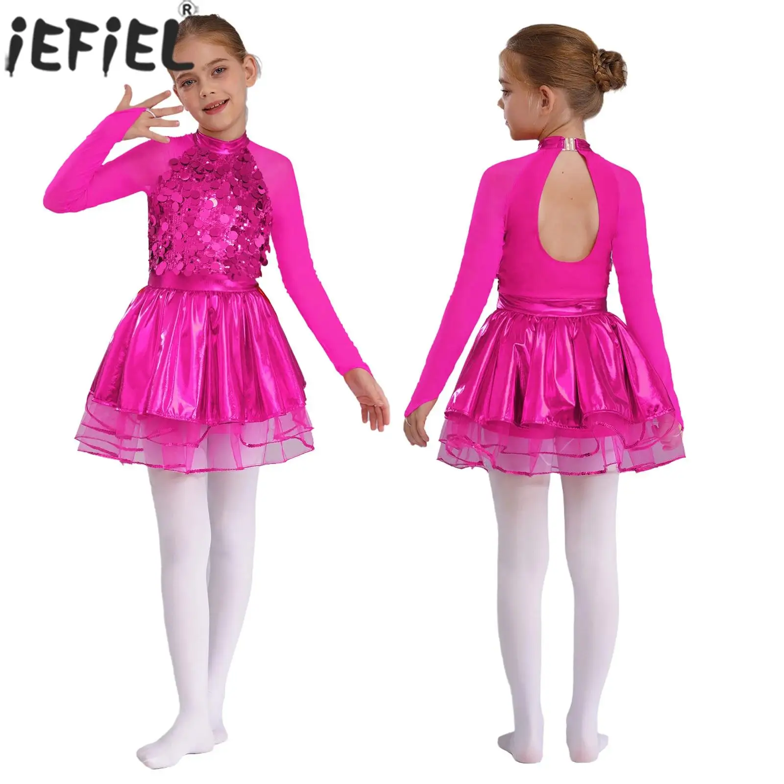 Kids Girls Shiny Sequin Ballet Dance Dress Sheer Mesh Long Sleeve Metallic Tutu Leotard Jazz Dancing Skating Performance Costume