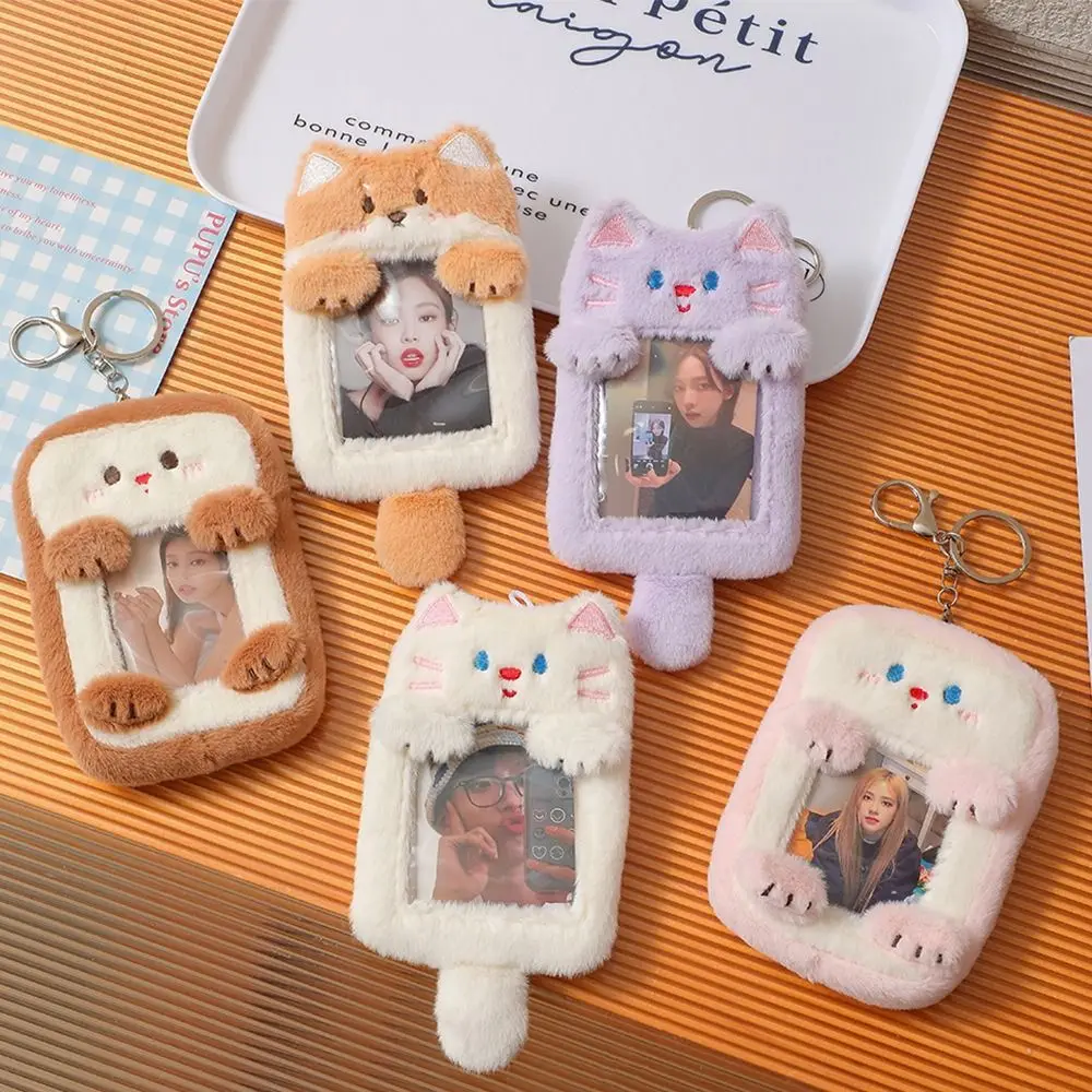 

Cute Cartoon Cat Penguin Plush Photocard Holder Idol Photo Sleeve Protective Case Student ID Card Cover With Keychain Pendant