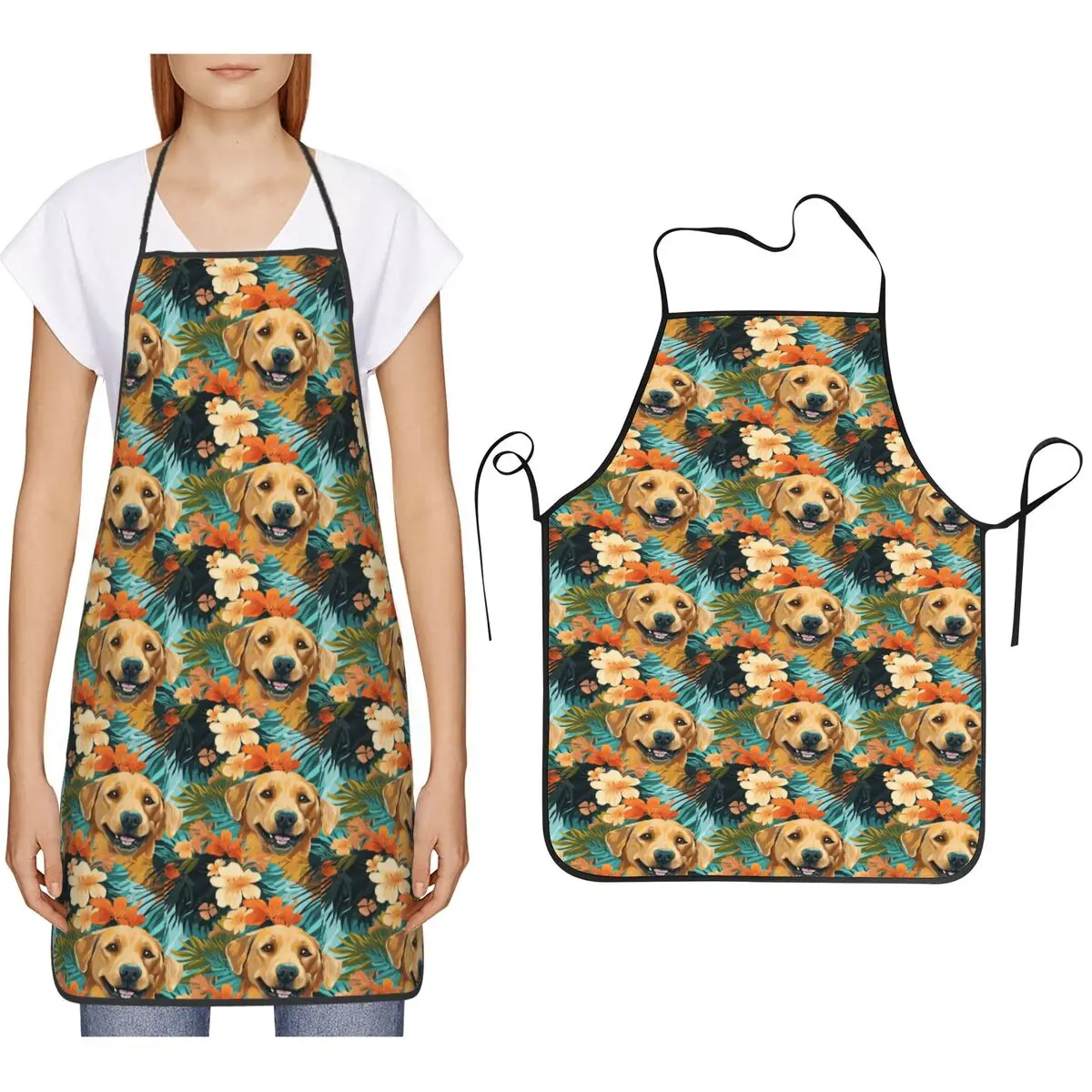Golden Labrador Retriever Dog Tropical Aprons Chef Cooking Cuisine Tablier Bib Kitchen Cleaning Pinafore for Women Men Painting