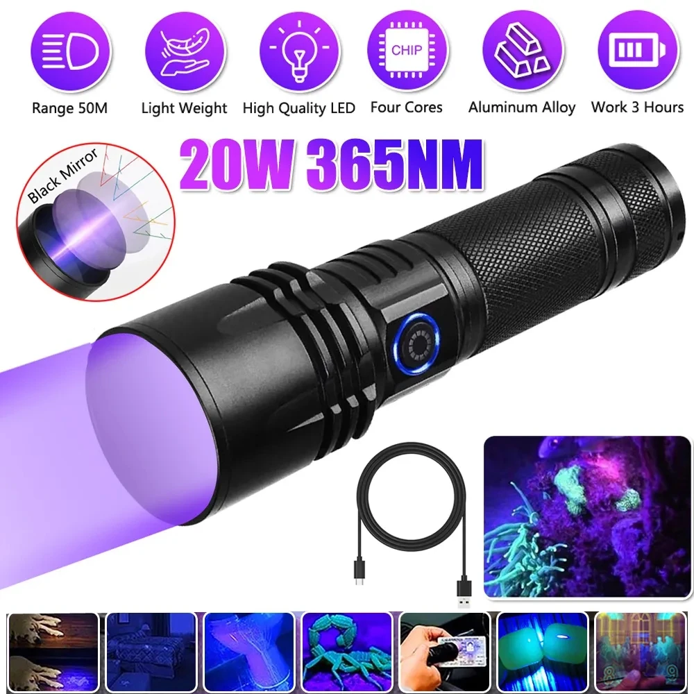 20W de alta potência UV luz negra 365nm Woods lâmpada USB recarregável filtrado LED ultravioleta lanterna portátil detector portátil para pet xixi urina, rochas gema brilhante, fluorescente, dinheiro, resina cura