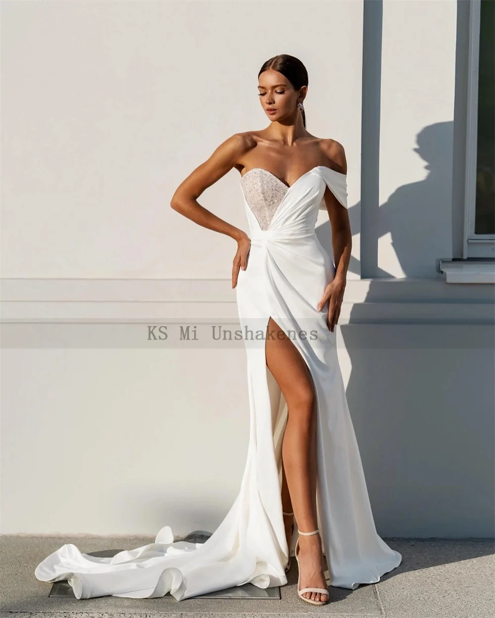 Sexy Satin Mermaid Trouwjurken 2023 Een Schouder Bruidsjurken Vrouwen Split Kralen Bridal Dress Beach Vestido De Noiva Sereia