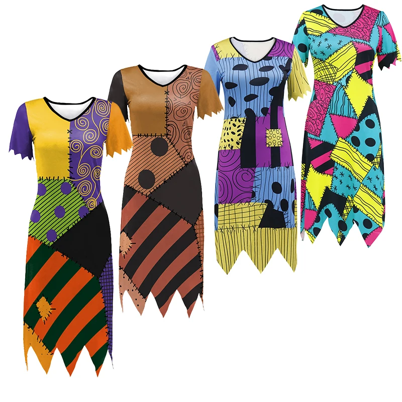 Halloween Sally Kleid V-Ausschnitt Kurzarm Kleid Geist Braut Cosplay Kostüm Frauen Hexe Bühne Leistung Karneval Kostüm