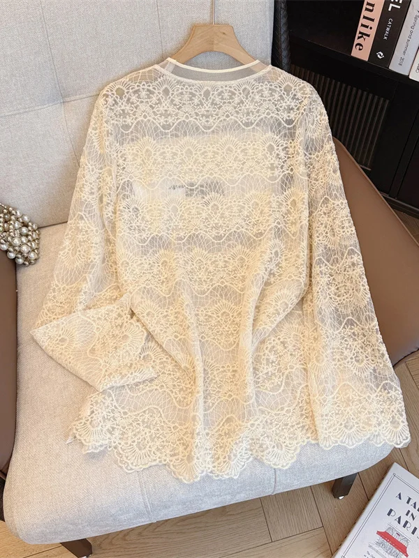 

Ele Hollow out Long Sve Кружевной топ, весна 2026, большие размеры, женский свободный антивозрастной базовый топ, корейский топ для поездок на работу