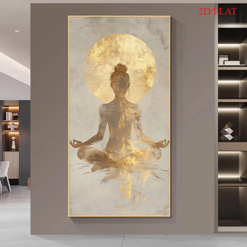 Large-scale Simple Meditation Canvas Print Golden Yoga Movements Spiritual Tranquility Wall Art Poster for Modern Home Decor