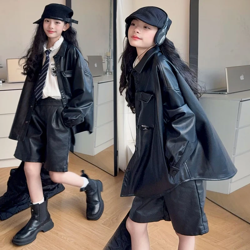 

Свободная короткая куртка из искусственной кожи в стиле ретро для маленьких девочек, весенне-осеннее детское пальто на молнии, винтажная мотобайкерская классическая верхняя одежда