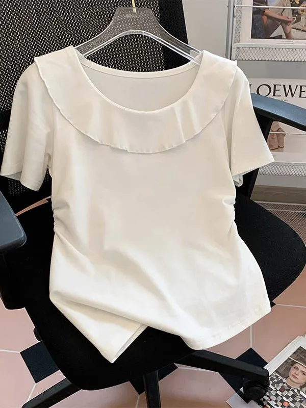 

plus Size Summer T-Shirt Women's Sweetened Hemline Short Sleeve Arc Shape Korean Style Breathable Skin-Friendly Casual Top