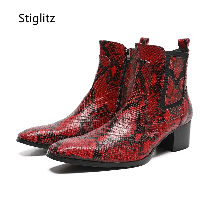 Schlangenmuster Herrenstiefel Seitlicher Reißverschluss High Heels Stiefeletten Männlich Hochwertige Business Echtes Leder Kleid Schuhe Rot Schwarz