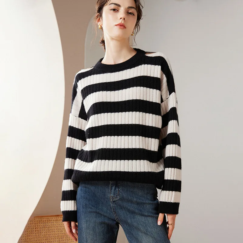 BirdTree, 100%Pure Cashmere Sweaters, Women Long Sleeve O Neck Striped, Casual Warm Knit Pullover, 2024 Autumn Winter T476116QC