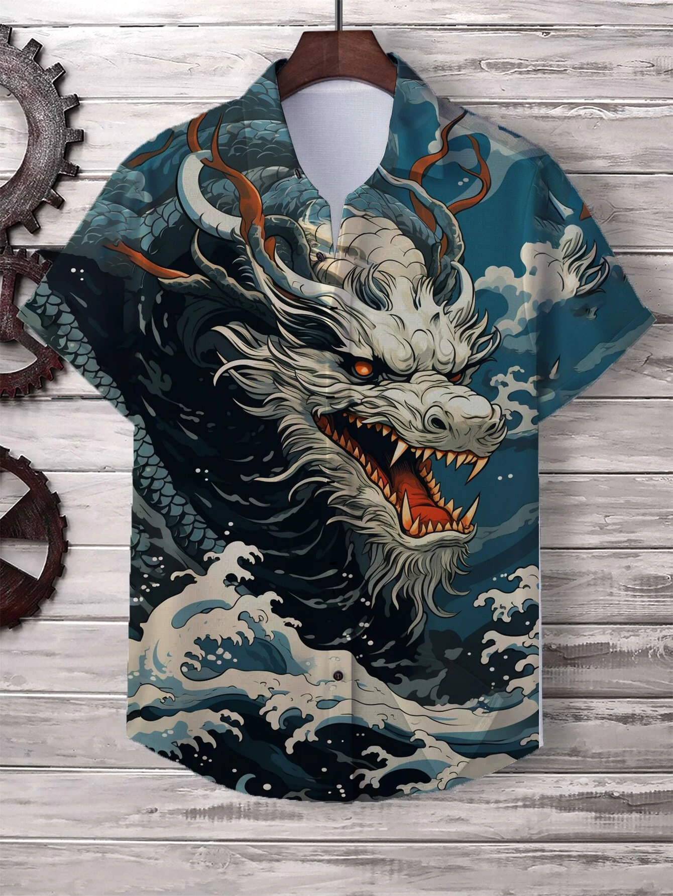 Chinese New Year\'s Shirt for Men Fashion Lapel Neck Short Sleeve Top Cool Dragon Printed Men\'s Shirt Street Hip Hop Clothing