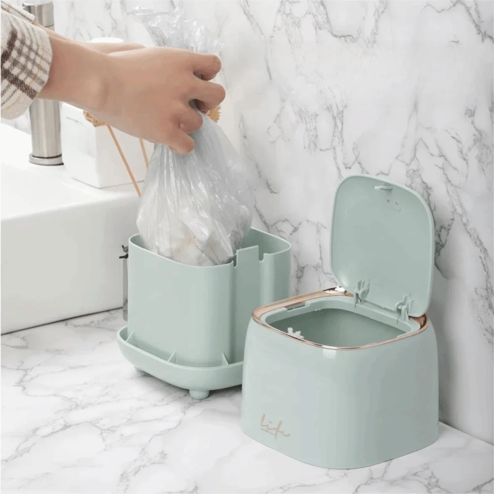 

Rubbish Bin Press Open Lid Desktop Trash Can Double-layer Design Plastic Car Trash Bin Large Opening Kitchen Waste Basket Study