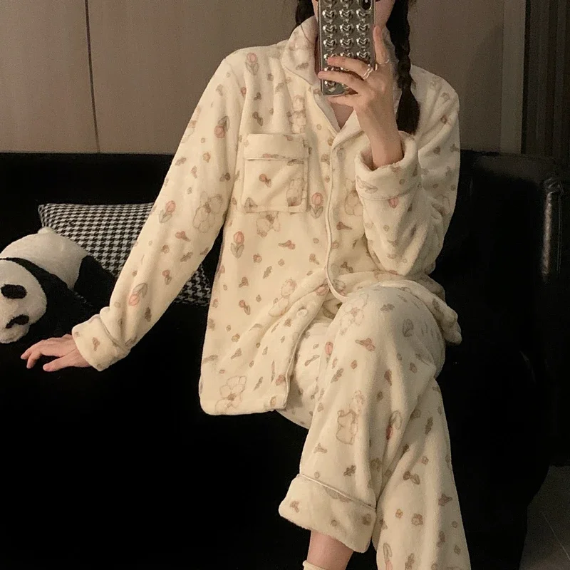 Plus Size New Winter Women\'s Flannel Pajama Suit Coral Velvet Pajamas Long Nightgown Household Suit Plush Thicken Korean Fashion